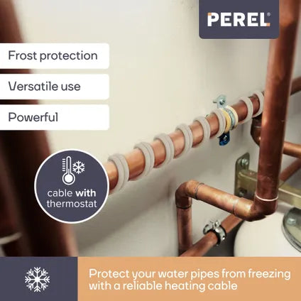 Perel Câble de protection contre le gel - équipé d'un thermostat automatique, d'un boîtier étanche Ip68 et de trois niveaux de chaleur - pour les conduites d'eau et les canalisations - polyéthylène blanc - douze mètres