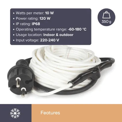 Perel Câble de protection contre le gel - équipé d'un thermostat automatique, d'un boîtier étanche Ip68 et de trois niveaux de chaleur - pour les conduites d'eau et les canalisations - polyéthylène blanc - douze mètres