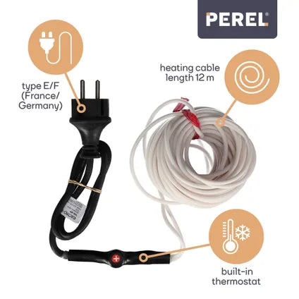 Perel Câble de protection contre le gel - équipé d'un thermostat automatique, d'un boîtier étanche Ip68 et de trois niveaux de chaleur - pour les conduites d'eau et les canalisations - polyéthylène blanc - douze mètres