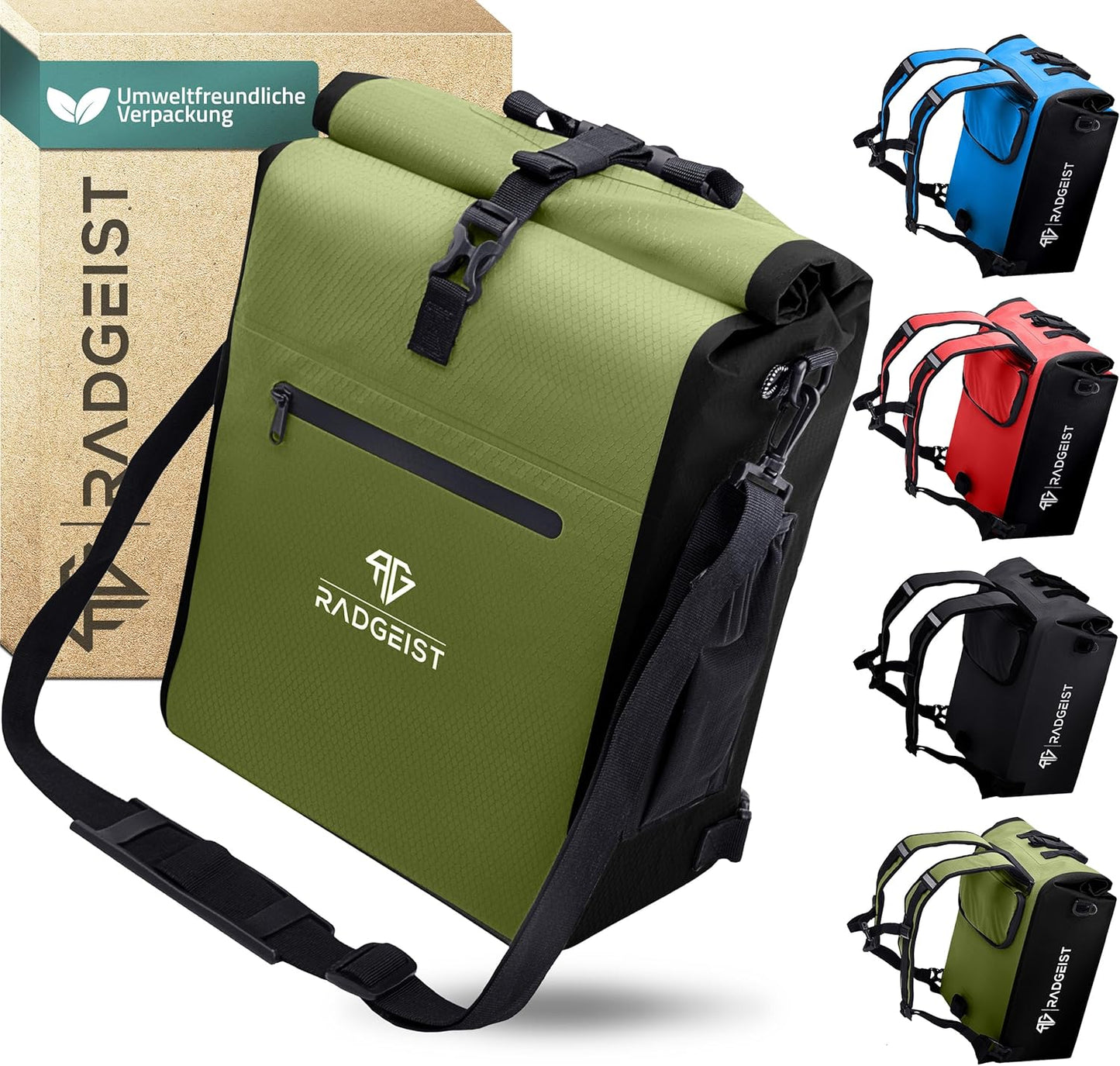 RADGEIST 3in1 sacoche vélo pour porteur - sacoche vélo étanche, extra robuste avec fermeture rapide - sac à dos vélo (25 litres) - sac à dos vélo (vert olive)