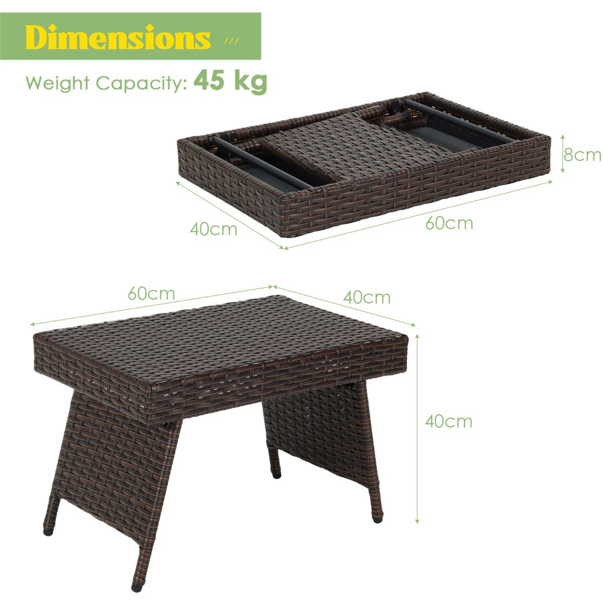 Table basse d'extérieur Coast - Pliable - 60 x 40 x 40 cm - Marron