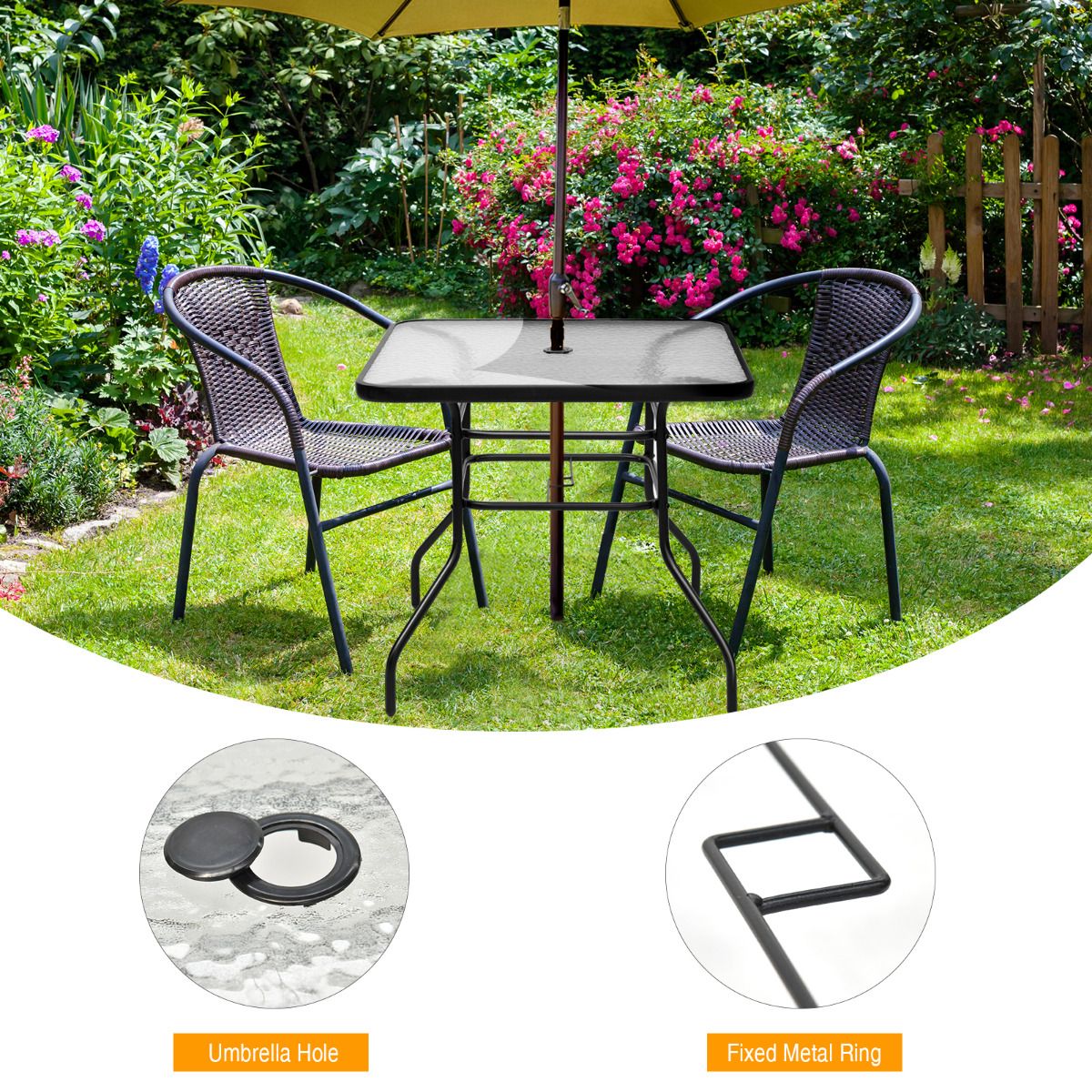 Table de terrasse rectangulaire Coast avec trou pour parasol - Verre trempé - 81 x 81 x 71 cm - Noir