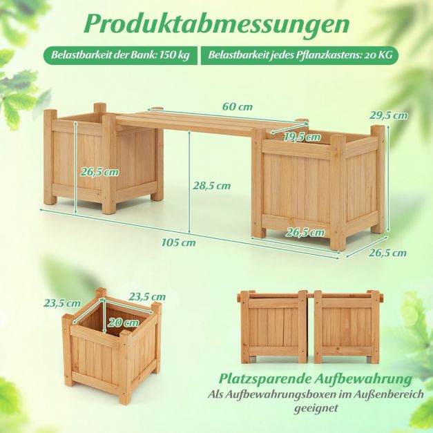 Jardinière Coast avec banc de jardin couleur bois - Boîte à fleurs en bois massif avec 2 bacs latéraux - 105 x 26,5 x 29,5 cm