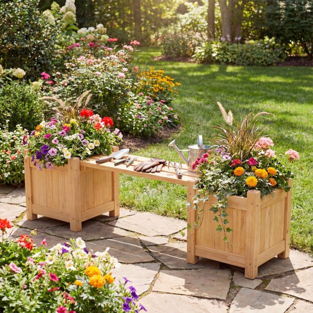 Jardinière Coast avec banc de jardin couleur bois - Boîte à fleurs en bois massif avec 2 bacs latéraux - 105 x 26,5 x 29,5 cm