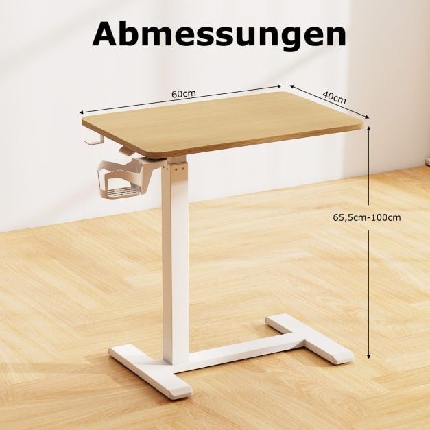 Coast Bed Table Natural - Table d'appoint mobile réglable en hauteur avec porte-gobelet - 60 x 40 x 65,5-100 cm