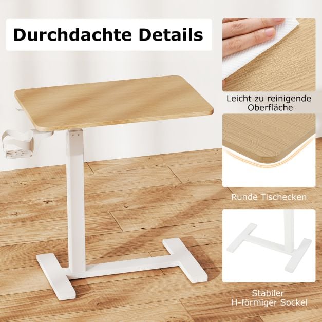 Coast Bed Table Natural - Table d'appoint mobile réglable en hauteur avec porte-gobelet - 60 x 40 x 65,5-100 cm