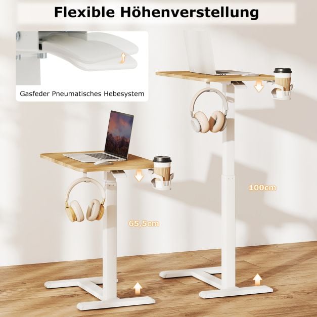 Coast Bed Table Natural - Table d'appoint mobile réglable en hauteur avec porte-gobelet - 60 x 40 x 65,5-100 cm