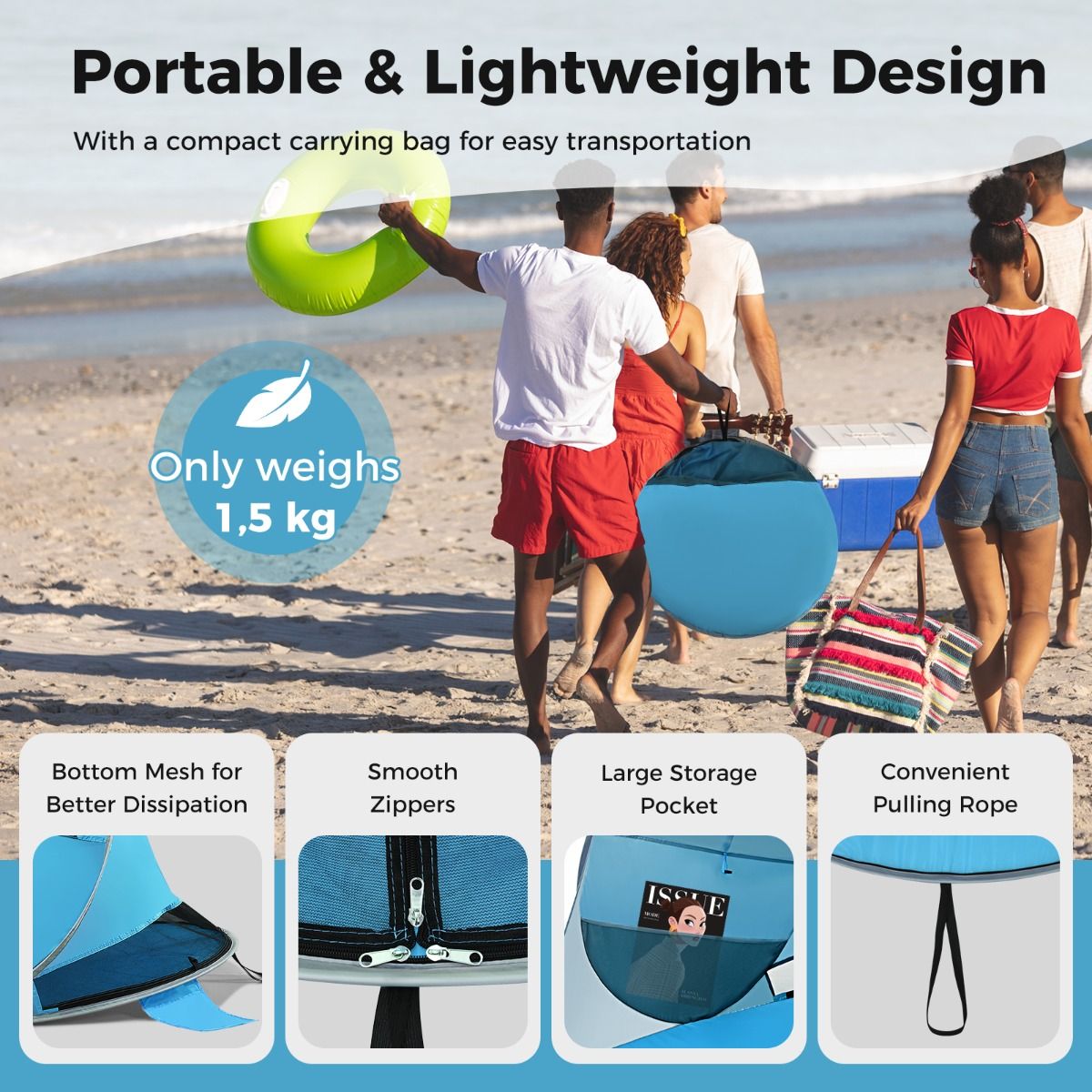 Coast Pop-Up Beach Tent Tente parasol pour 3-4 personnes - UPF 50+ Silver Coating - 220 x 159 x 115 cm - Bleu