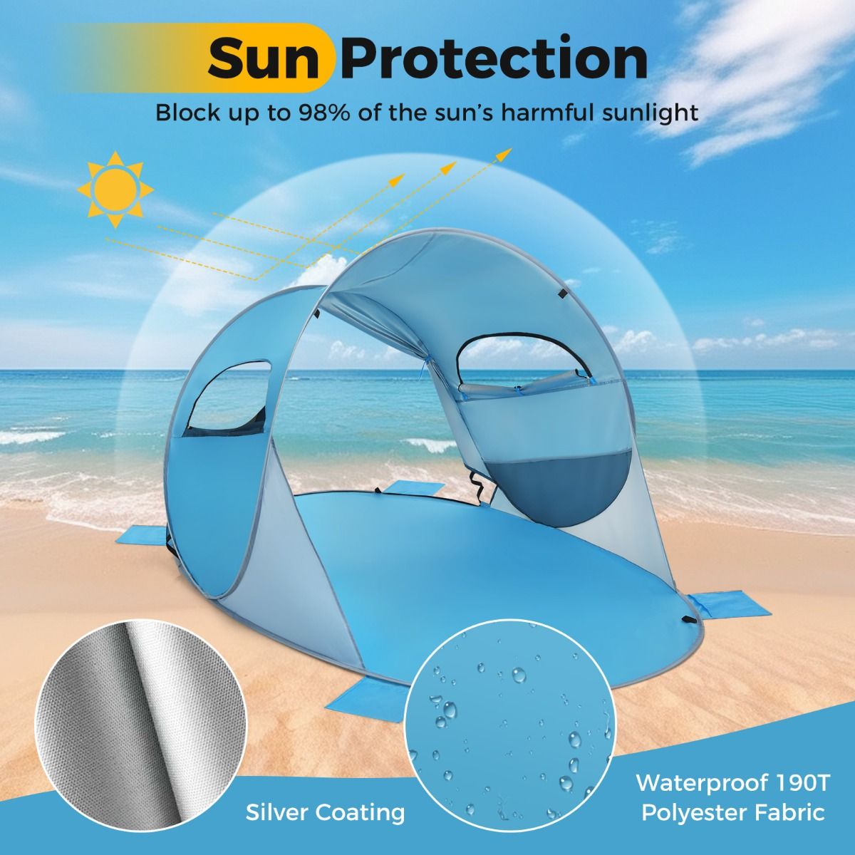 Coast Pop-Up Beach Tent Tente parasol pour 3-4 personnes - UPF 50+ Silver Coating - 220 x 159 x 115 cm - Bleu