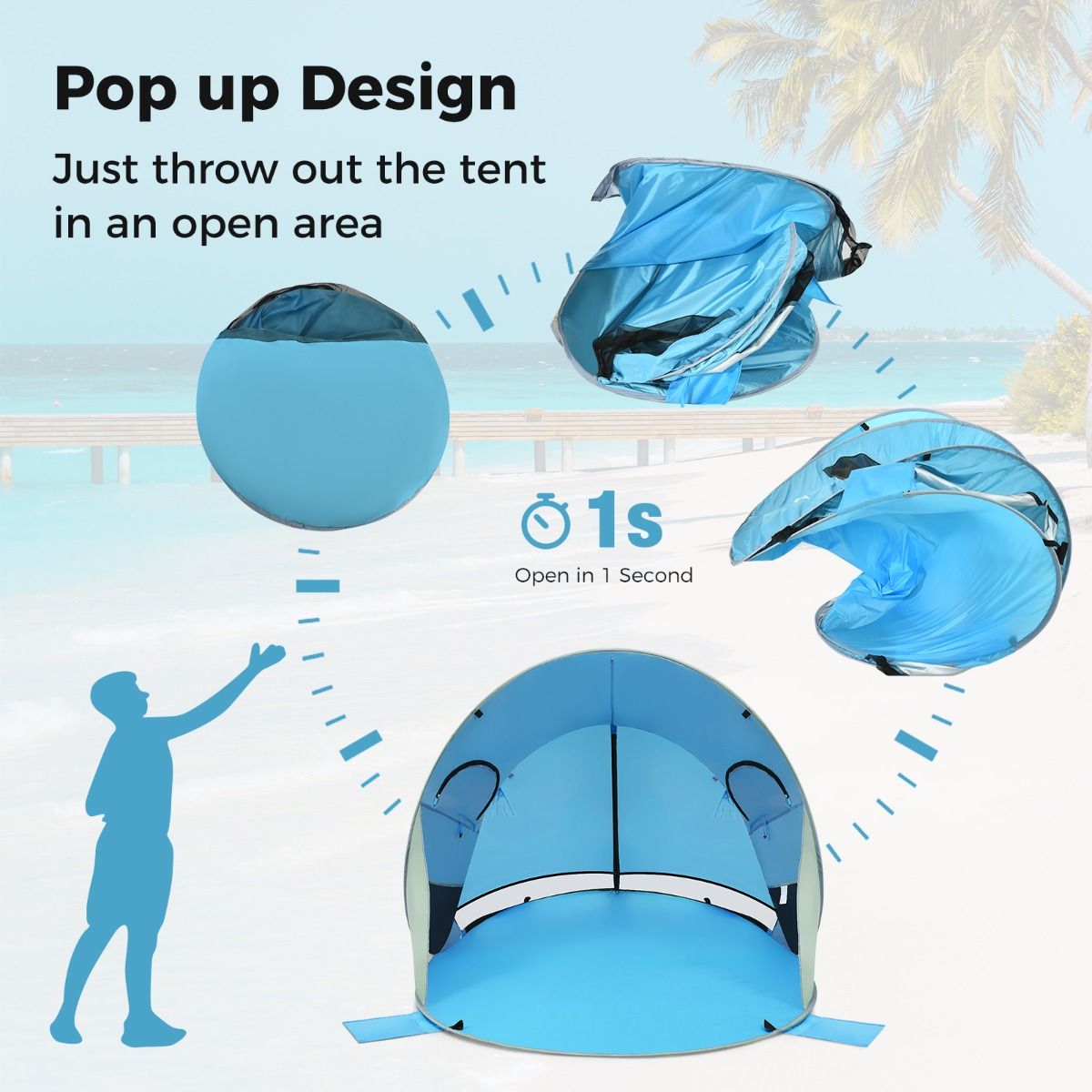 Coast Pop-Up Beach Tent Tente parasol pour 3-4 personnes - UPF 50+ Silver Coating - 220 x 159 x 115 cm - Bleu