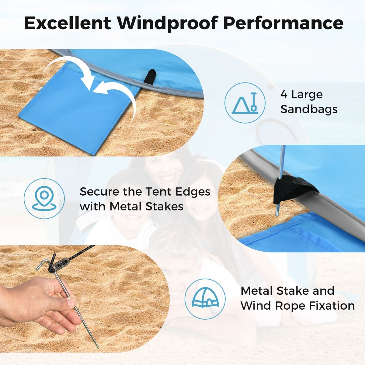 Coast Pop-Up Beach Tent Tente parasol pour 3-4 personnes - UPF 50+ Silver Coating - 220 x 159 x 115 cm - Bleu