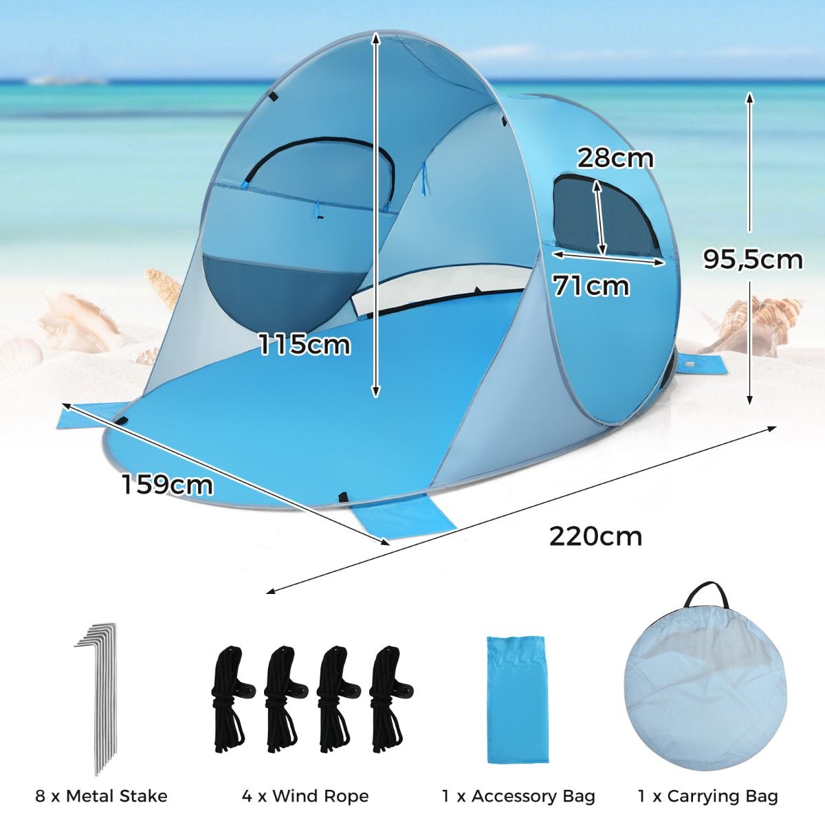 Coast Pop-Up Beach Tent Tente parasol pour 3-4 personnes - UPF 50+ Silver Coating - 220 x 159 x 115 cm - Bleu
