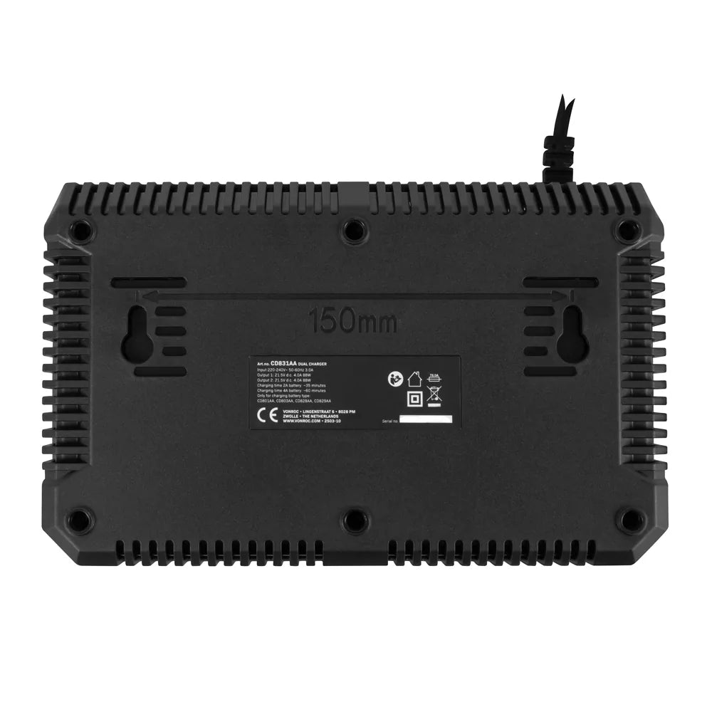 Vonroc VPower Dual Quick Charger 20V - 88W - 4.0A - Chargeur rapide pour batteries 20V