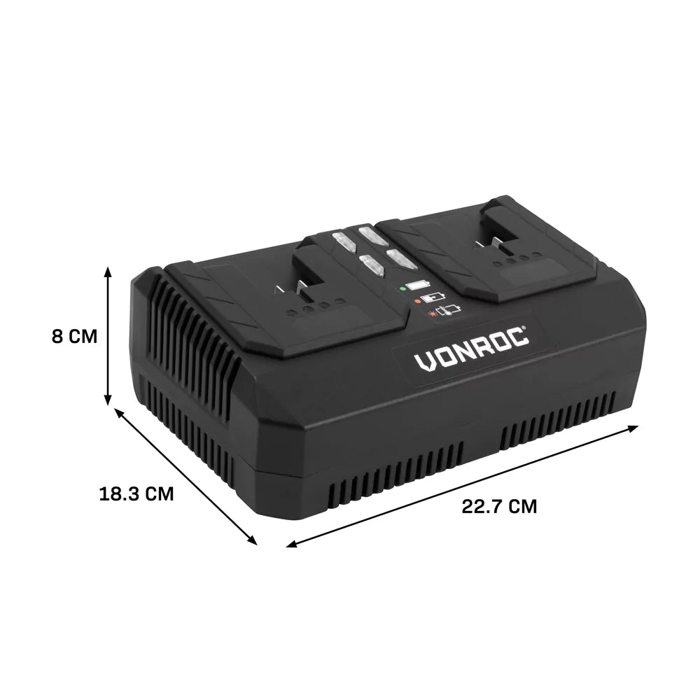 Vonroc VPower Dual Quick Charger 20V - 88W - 4.0A - Chargeur rapide pour batteries 20V