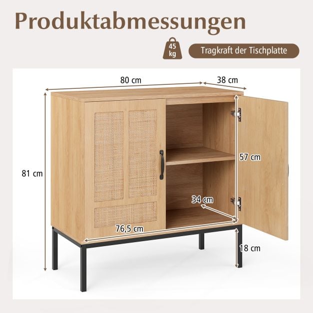 Coast Rattan Sideboard Natural - Meuble de rangement Boho avec 2 portes et étagère réglable - 80 x 38 x 81 cm