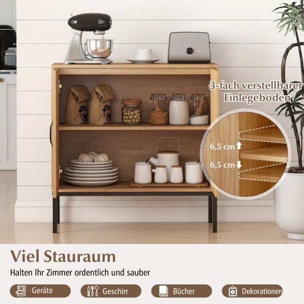 Coast Rattan Sideboard Natural - Meuble de rangement Boho avec 2 portes et étagère réglable - 80 x 38 x 81 cm