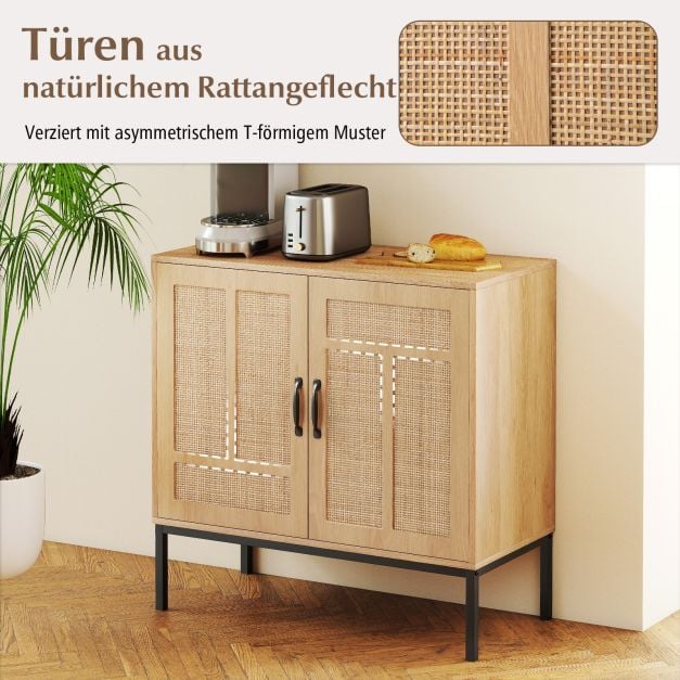 Coast Rattan Sideboard Natural - Meuble de rangement Boho avec 2 portes et étagère réglable - 80 x 38 x 81 cm