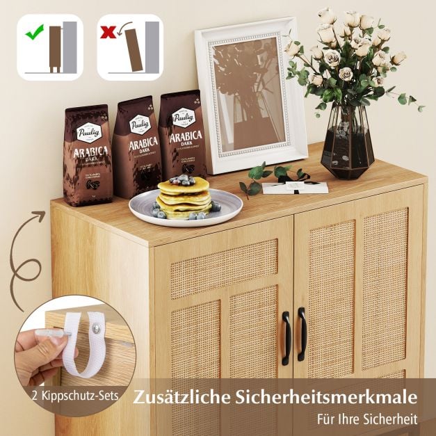 Coast Rattan Sideboard Natural - Meuble de rangement Boho avec 2 portes et étagère réglable - 80 x 38 x 81 cm