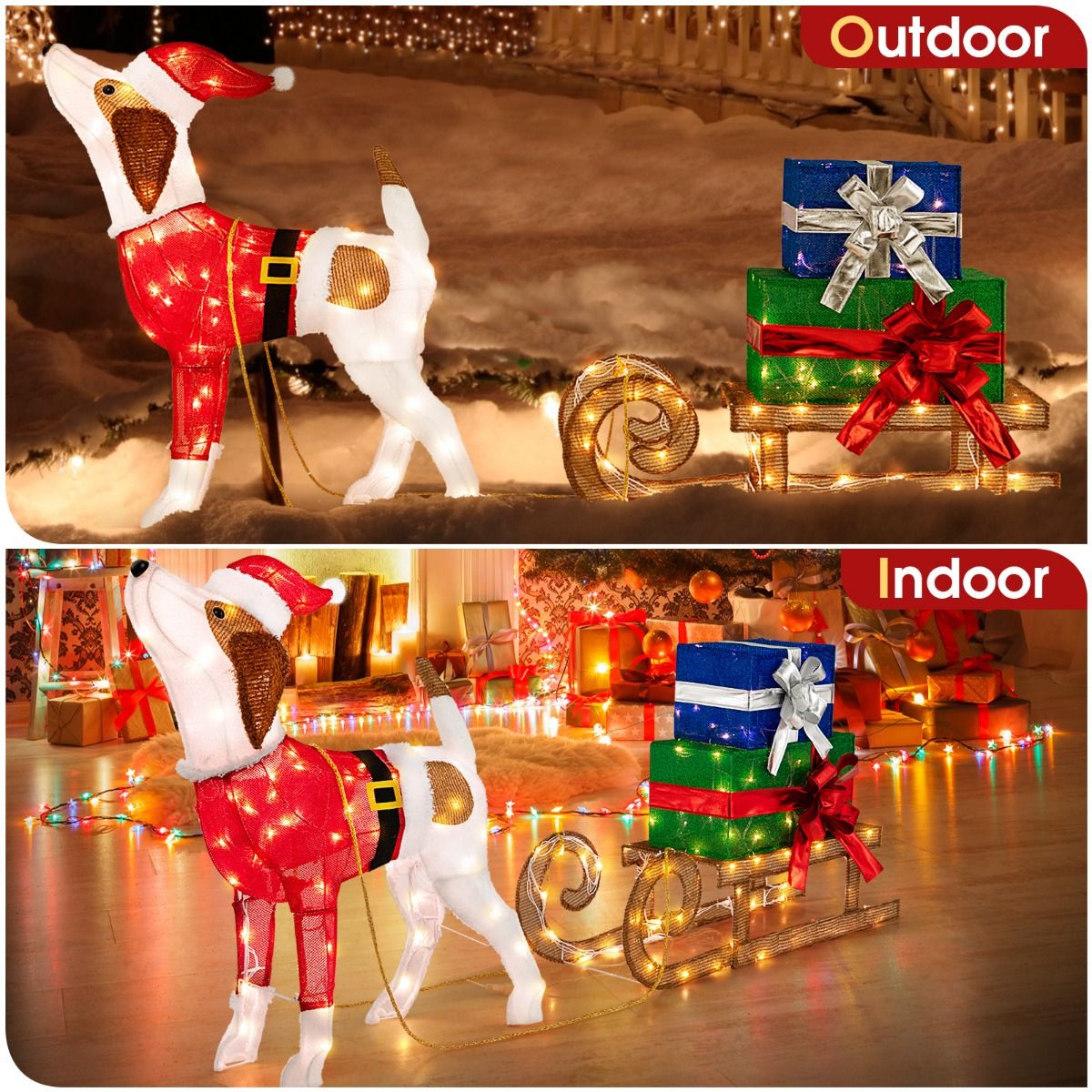 Coast Illuminated Christmas Decoration - Chien de Noël avec traîneau - 78 x 21 x 82 cm - Coloré