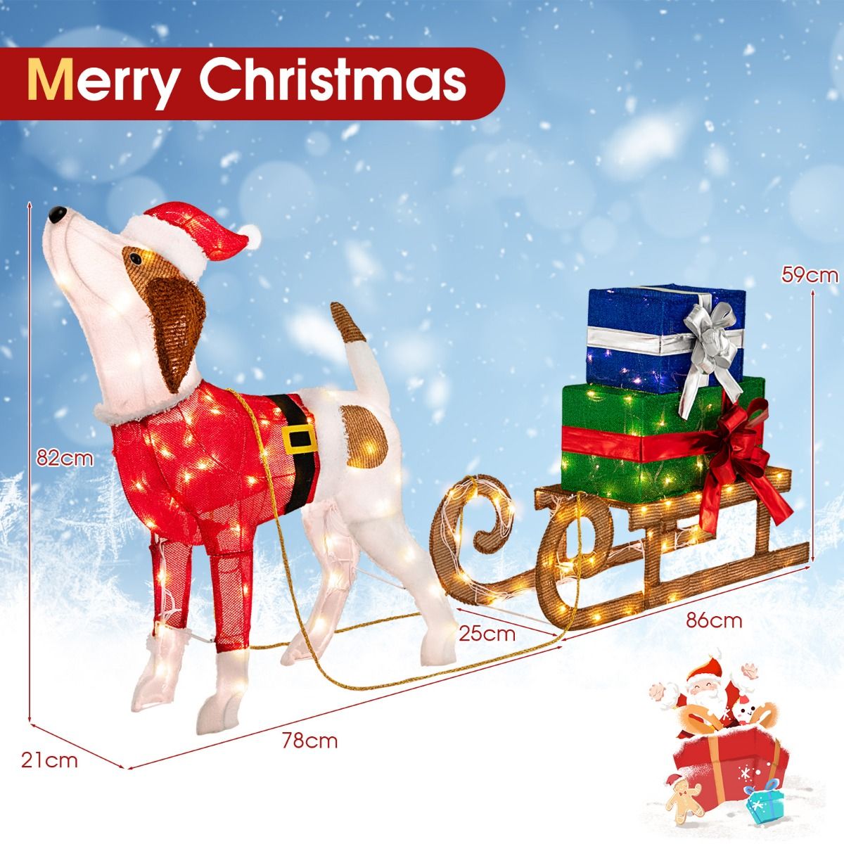 Coast Illuminated Christmas Decoration - Chien de Noël avec traîneau - 78 x 21 x 82 cm - Coloré