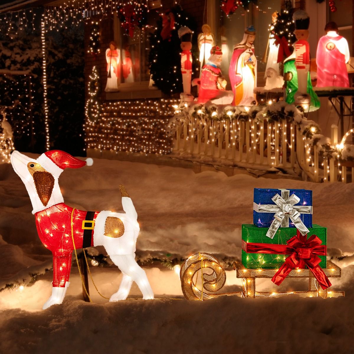 Coast Illuminated Christmas Decoration - Chien de Noël avec traîneau - 78 x 21 x 82 cm - Coloré