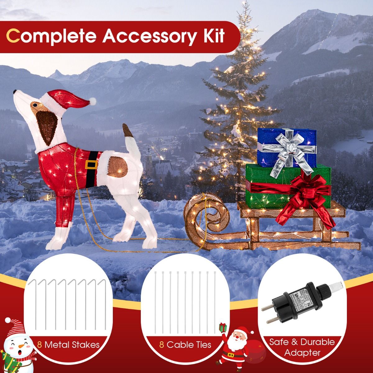 Coast Illuminated Christmas Decoration - Chien de Noël avec traîneau - 78 x 21 x 82 cm - Coloré