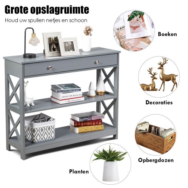 Table d'appoint Coast à 3 étagères – Table d'entrée en bois avec tiroir 100 x 30 x 80 cm – Gris