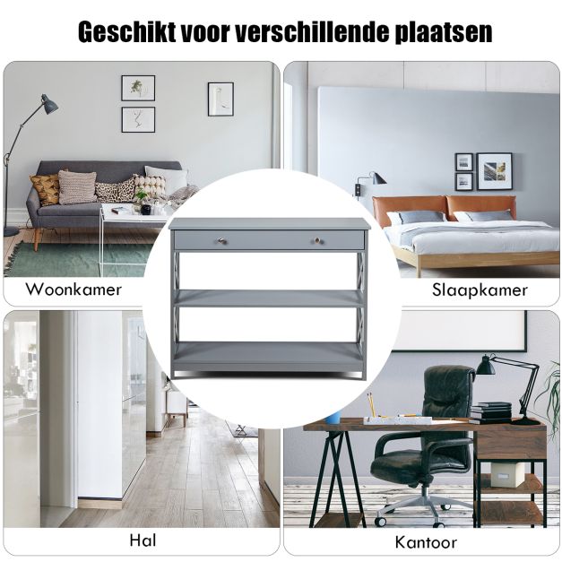 Table d'appoint Coast à 3 étagères – Table d'entrée en bois avec tiroir 100 x 30 x 80 cm – Gris