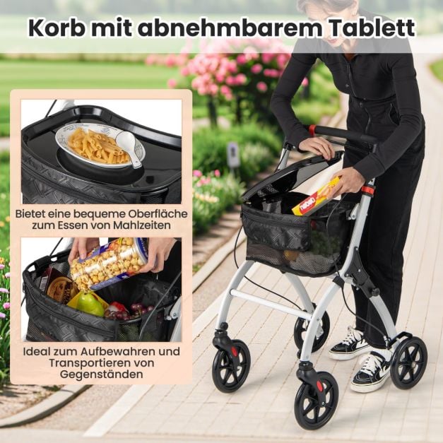Déambulateur Coast blanc/noir - Déambulateur étroit pliable avec plateau, panier et freins - 68 x 53 x 90-103 cm