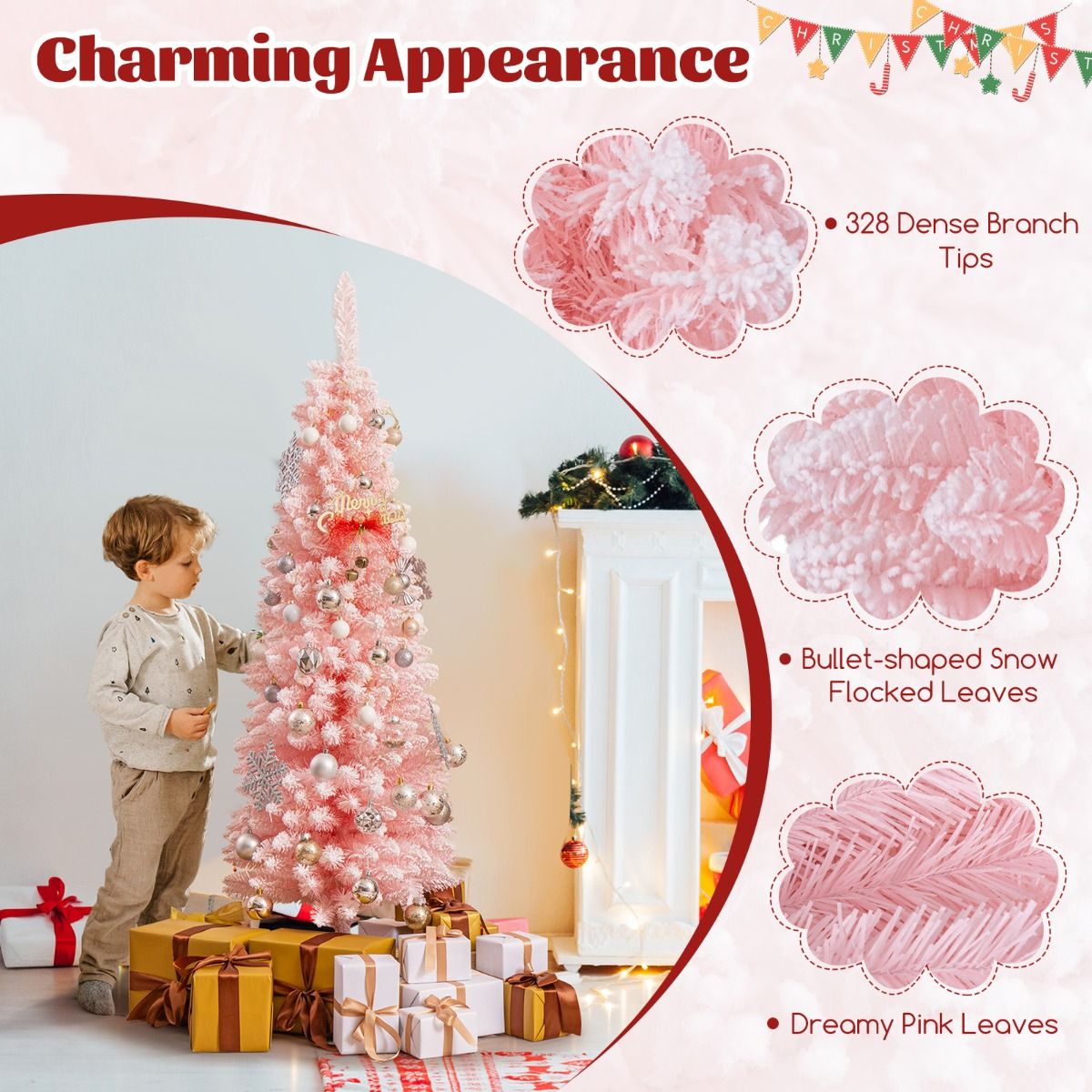 Coast Artificial Christmas Tree - 150 cm - Pink - Snowy - Slim Design - 328 Branch tips - Metal Stand