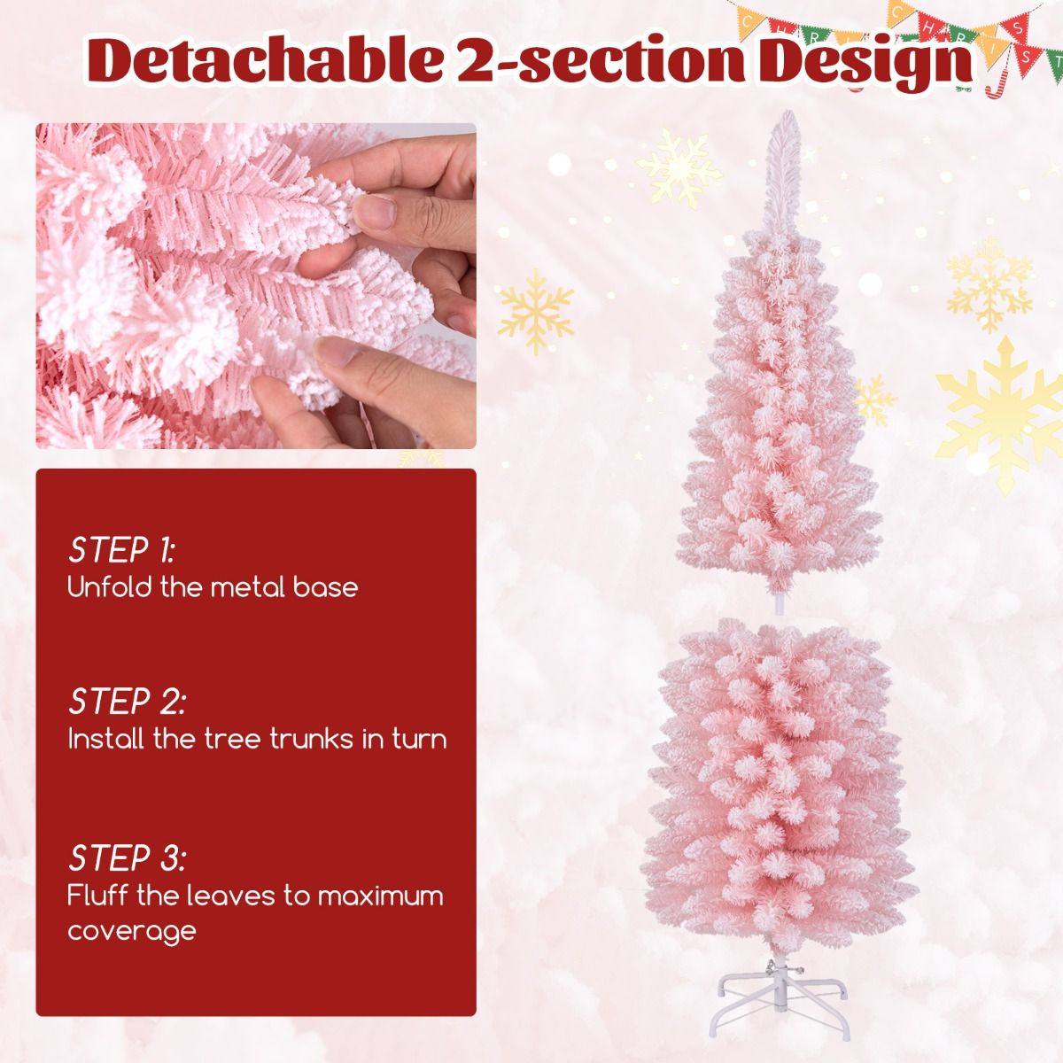 Coast Artificial Christmas Tree - 150 cm - Pink - Snowy - Slim Design - 328 Branch tips - Metal Stand