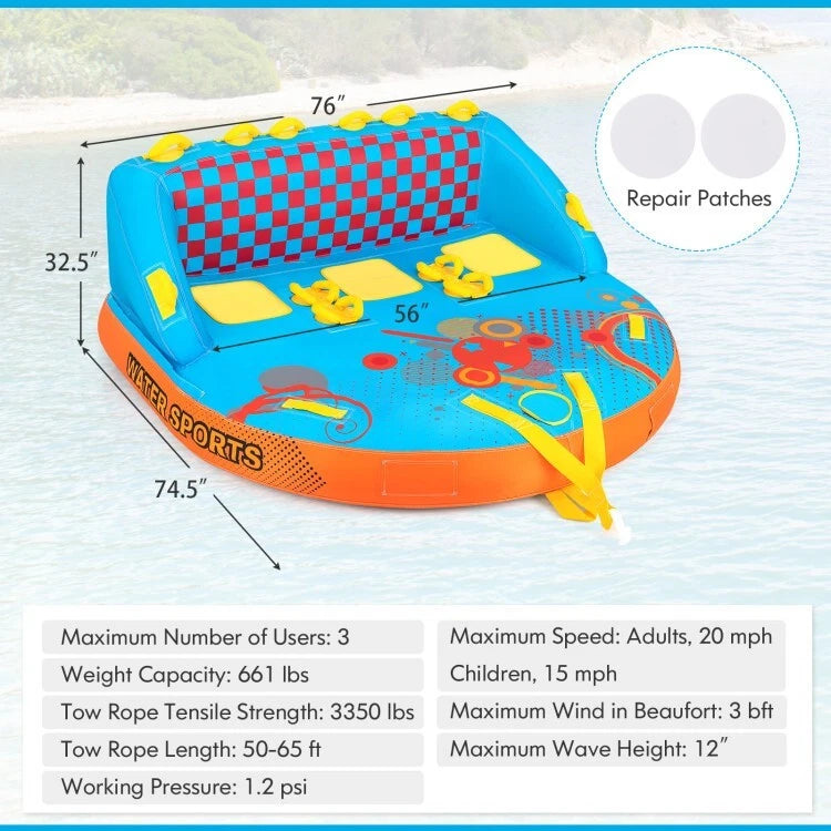 Bouée de remorquage Coast - 3Person - Gonflable - Points de remorquage - 300kg - 193x189x82cm - Multicolore