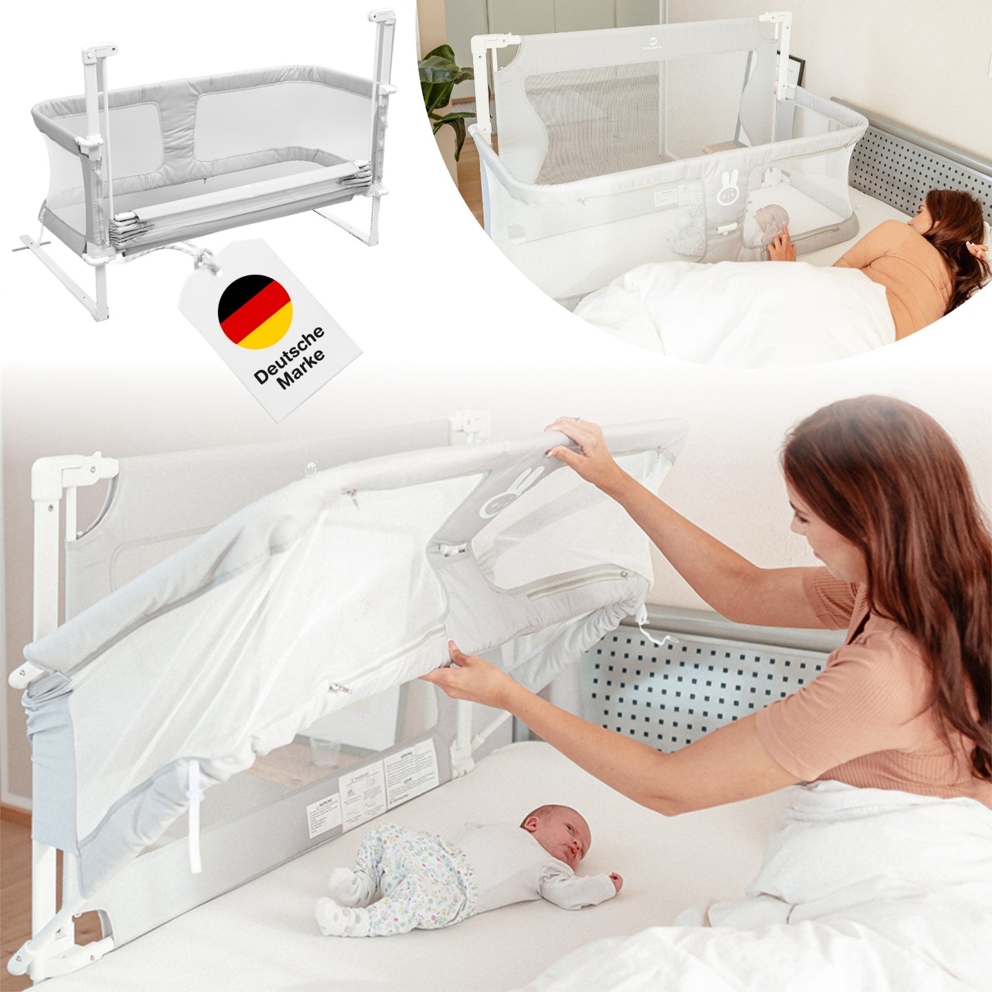 BabybeFun Lit de Bébé Co-Sleeper - 90x50 cm - Gris - Lit de Bébé sûr et confortable pour Boxspring et lit normal - Avec protection anti-retournement et protection anti-décrochage - Idéal pour l'allaitement