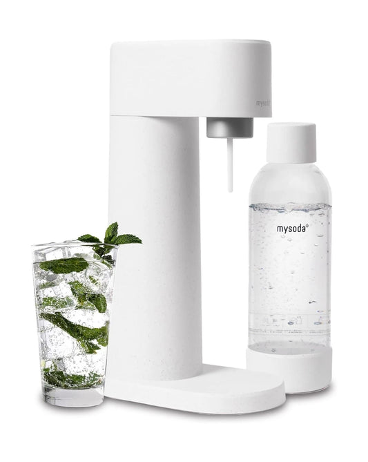Mysoda - Woody Sparkling Water Maker & Sparkler - 1 litre - Mécanisme silencieux et système Quick-Lock - Sans bouteille de CO2 - Bois composite blanc