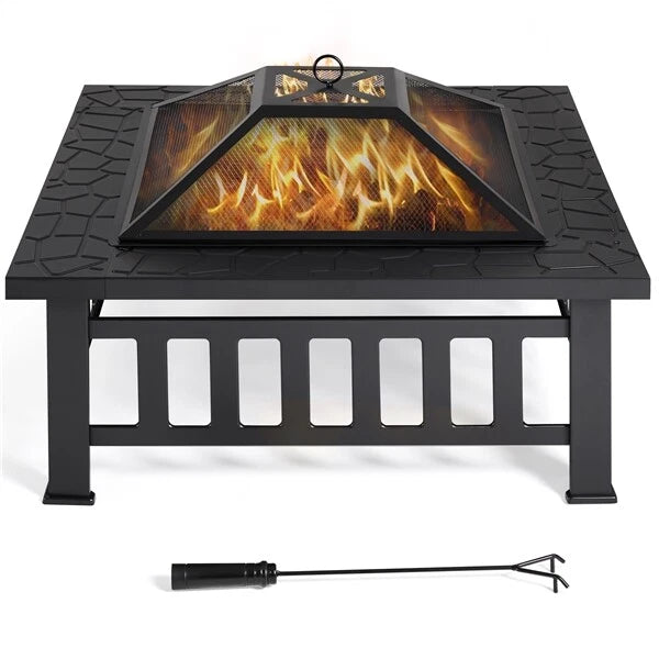 Yaheetech Outdoor Fire Bowl Square - équipé d'un pare-étincelles, d'un tisonnier et d'un couvercle imperméable - pour le jardin et la terrasse - métal noir - 81,2 x 81,2 x 50 cm