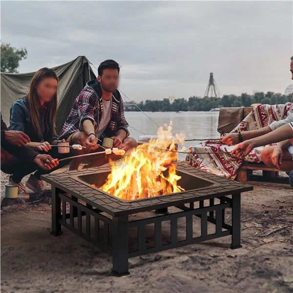 Yaheetech Outdoor Fire Bowl Square - équipé d'un pare-étincelles, d'un tisonnier et d'un couvercle imperméable - pour le jardin et la terrasse - métal noir - 81,2 x 81,2 x 50 cm