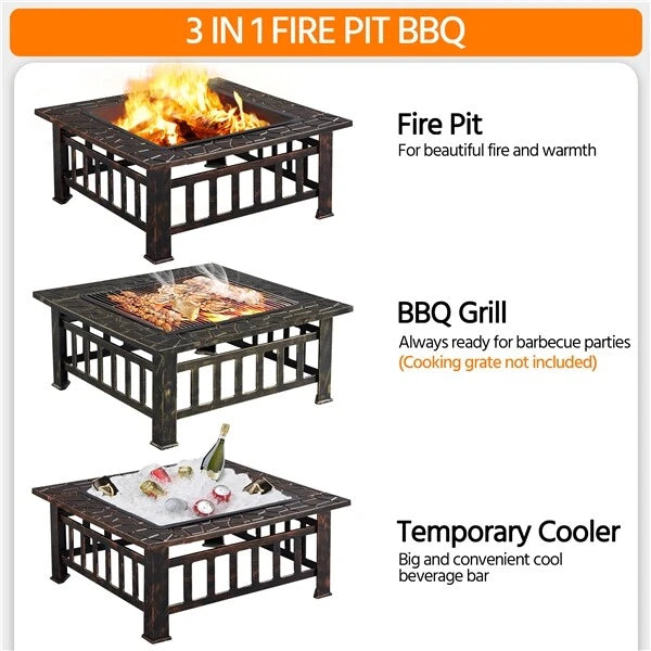 Yaheetech Outdoor Fire Bowl Square - équipé d'un pare-étincelles, d'un tisonnier et d'un couvercle imperméable - pour le jardin et la terrasse - métal noir - 81,2 x 81,2 x 50 cm