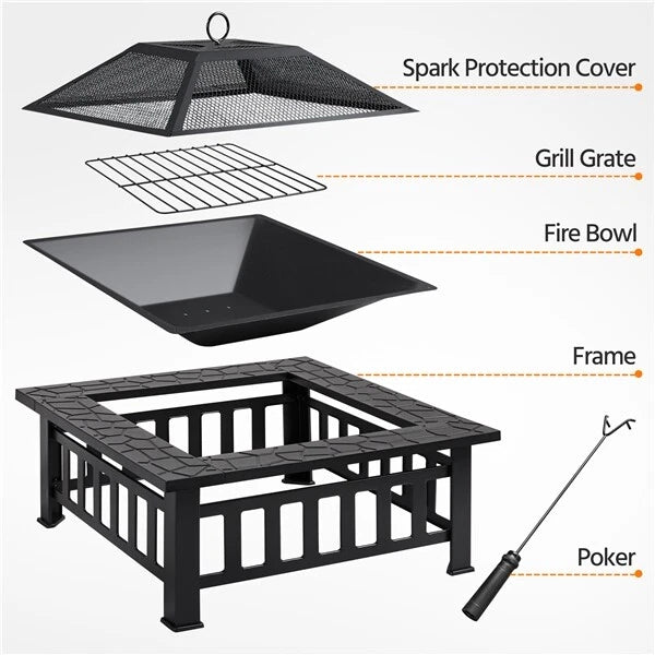 Yaheetech Outdoor Fire Bowl Square - équipé d'un pare-étincelles, d'un tisonnier et d'un couvercle imperméable - pour le jardin et la terrasse - métal noir - 81,2 x 81,2 x 50 cm