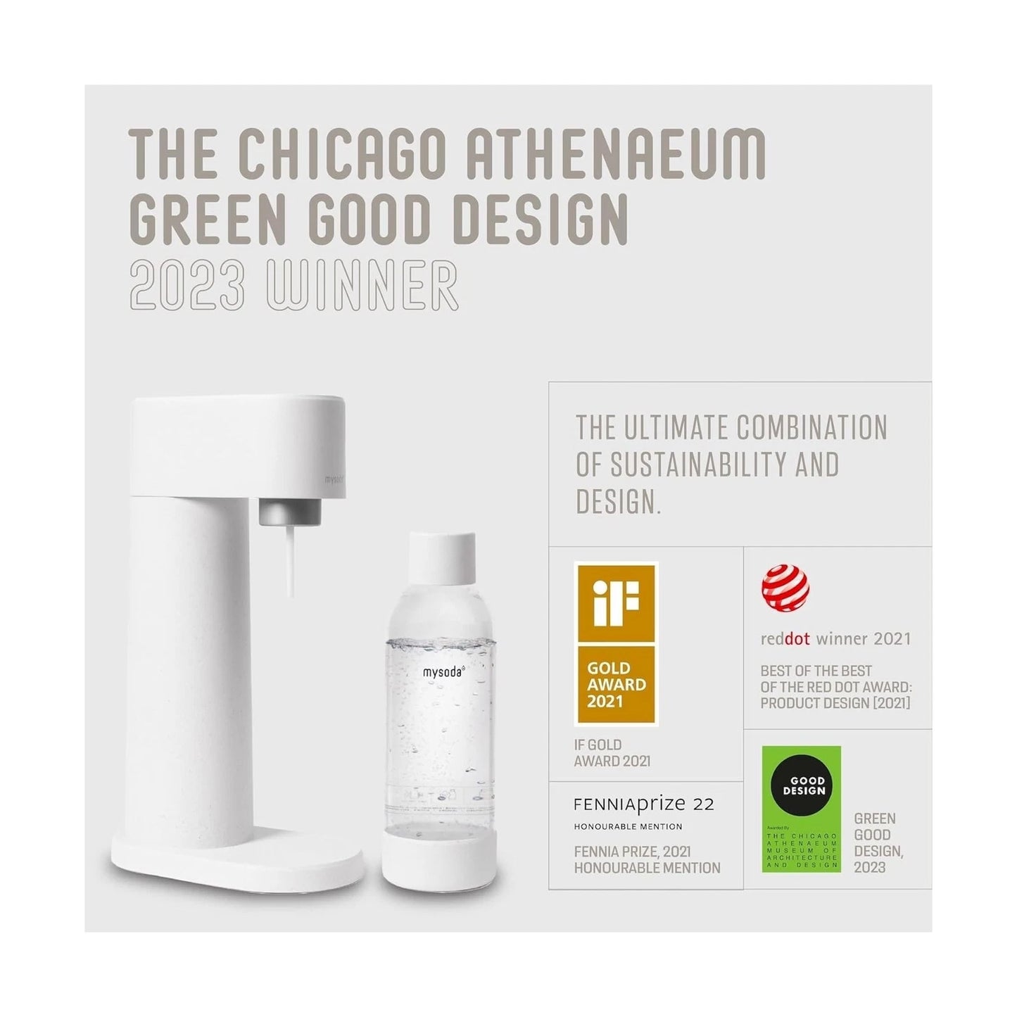 Mysoda - Woody Sparkling Water Maker & Sparkler - 1 litre - Mécanisme silencieux et système Quick-Lock - Sans bouteille de CO2 - Bois composite blanc