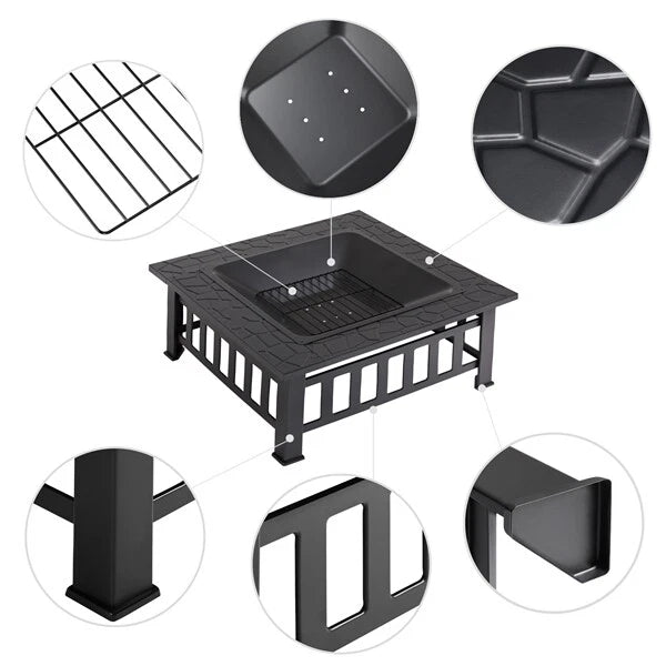 Yaheetech Outdoor Fire Bowl Square - équipé d'un pare-étincelles, d'un tisonnier et d'un couvercle imperméable - pour le jardin et la terrasse - métal noir - 81,2 x 81,2 x 50 cm