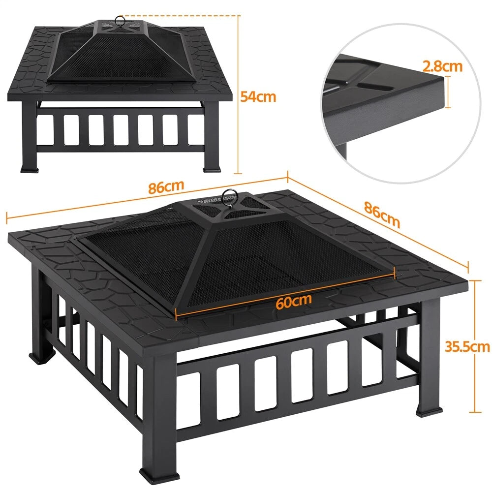 Yaheetech Outdoor Fire Bowl Square - équipé d'un pare-étincelles, d'un tisonnier et d'un couvercle imperméable - pour le jardin et la terrasse - métal noir - 81,2 x 81,2 x 50 cm