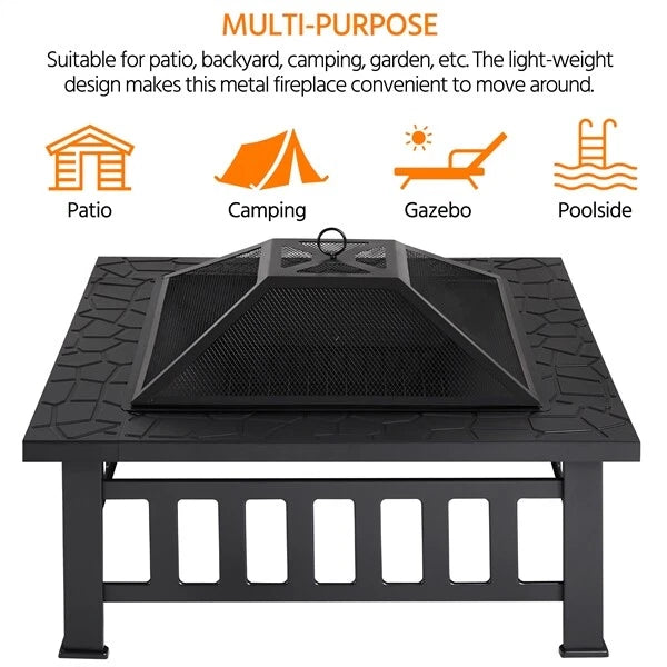 Yaheetech Outdoor Fire Bowl Square - équipé d'un pare-étincelles, d'un tisonnier et d'un couvercle imperméable - pour le jardin et la terrasse - métal noir - 81,2 x 81,2 x 50 cm