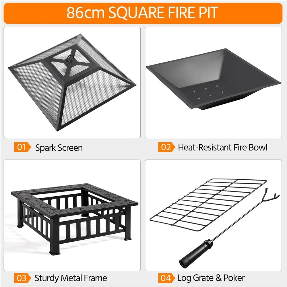 Yaheetech Outdoor Fire Bowl Square - équipé d'un pare-étincelles, d'un tisonnier et d'un couvercle imperméable - pour le jardin et la terrasse - métal noir - 81,2 x 81,2 x 50 cm