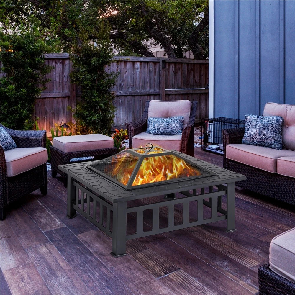 Yaheetech Outdoor Fire Bowl Square - équipé d'un pare-étincelles, d'un tisonnier et d'un couvercle imperméable - pour le jardin et la terrasse - métal noir - 81,2 x 81,2 x 50 cm