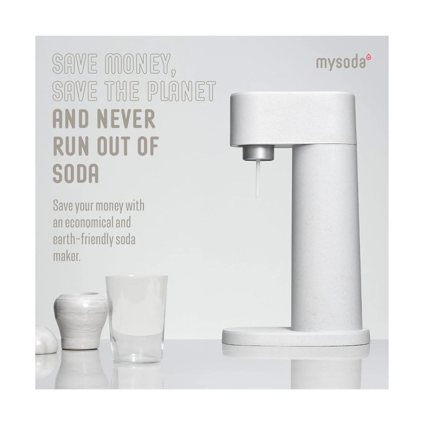 Mysoda - Woody Sparkling Water Maker & Sparkler - 1 litre - Mécanisme silencieux et système Quick-Lock - Sans bouteille de CO2 - Bois composite blanc
