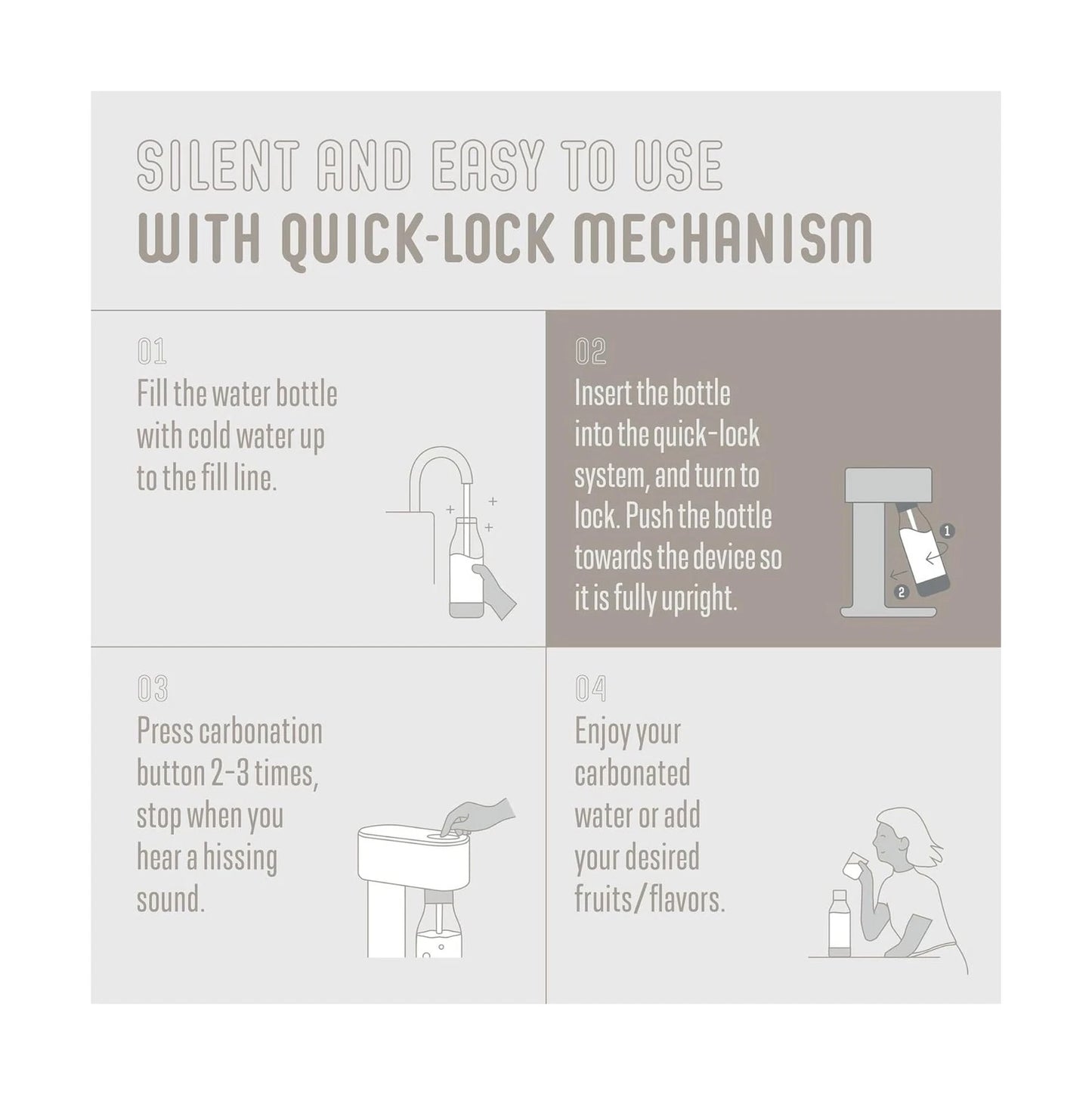 Mysoda - Woody Sparkling Water Maker & Sparkler - 1 litre - Mécanisme silencieux et système Quick-Lock - Sans bouteille de CO2 - Bois composite blanc