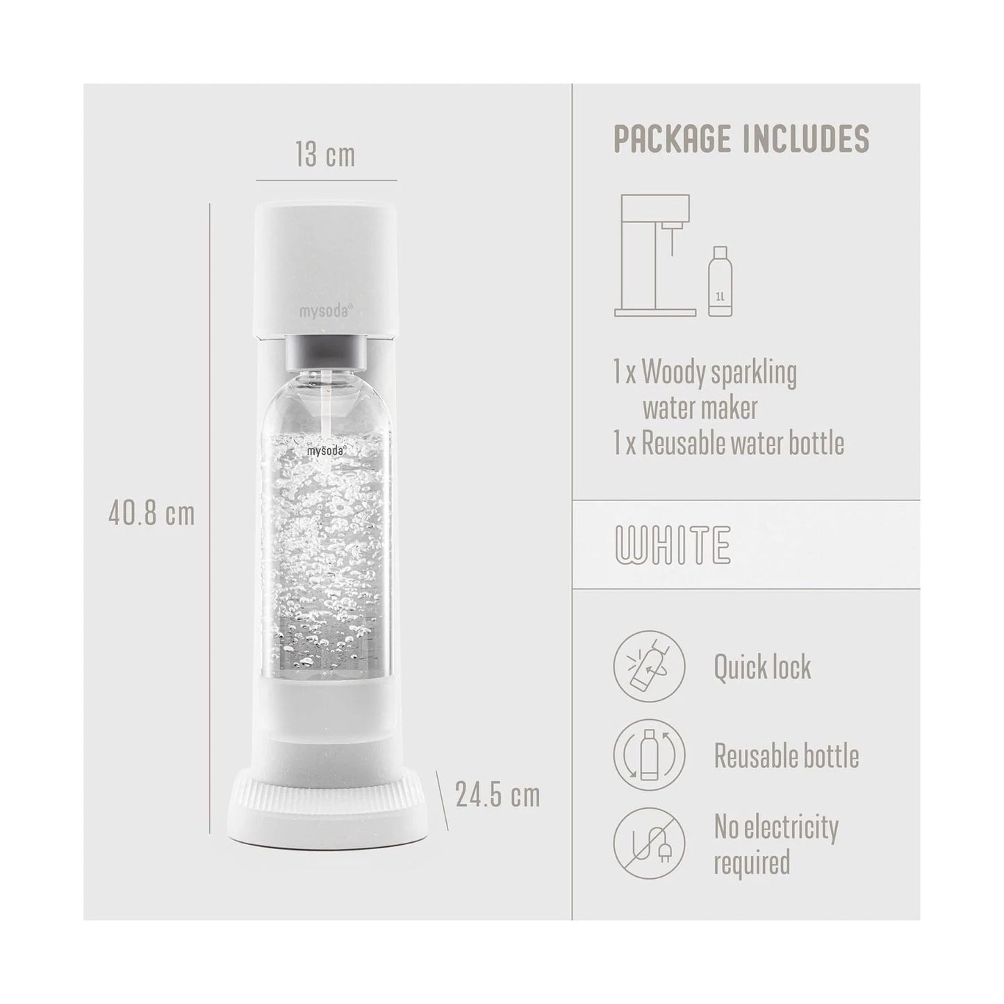 Mysoda - Woody Sparkling Water Maker & Sparkler - 1 litre - Mécanisme silencieux et système Quick-Lock - Sans bouteille de CO2 - Bois composite blanc