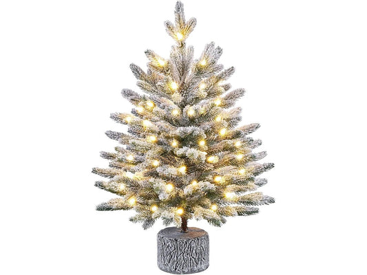 Yaheetech Mini Arbre de Noël Artificiel avec Neige - Φ45 x 61 cm - Equipé de lumières LED blanc chaud et d'un pied en métal et d'un support de forme - Pour table et rebord de fenêtre - PVC Vert et Métal