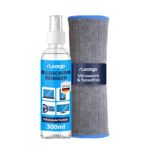 Kit de nettoyage d'écran LICARGO Premium – Comprend un spray nettoyant sans alcool et un chiffon en microfibre non pelucheux pour un nettoyage sans traces – Pour écrans d'ordinateur et de voiture – Liquide bleu et blanc – 300 ml