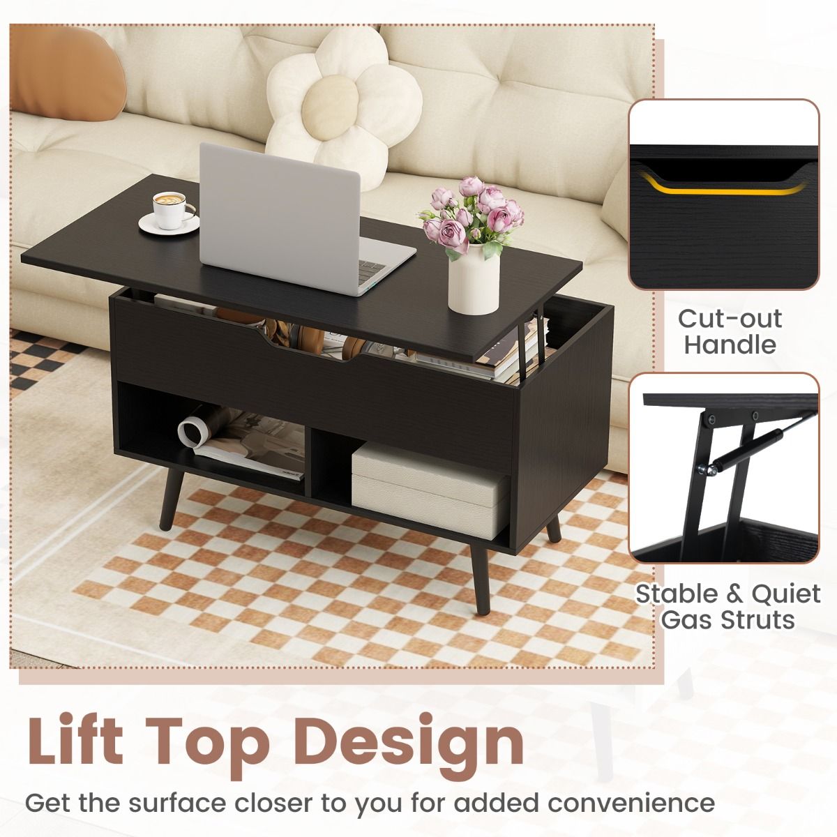 Coast Coffee Table with Raised Top - Table de salon moderne à hauteur réglable - 80 x 40 x 46-60 cm - Noir